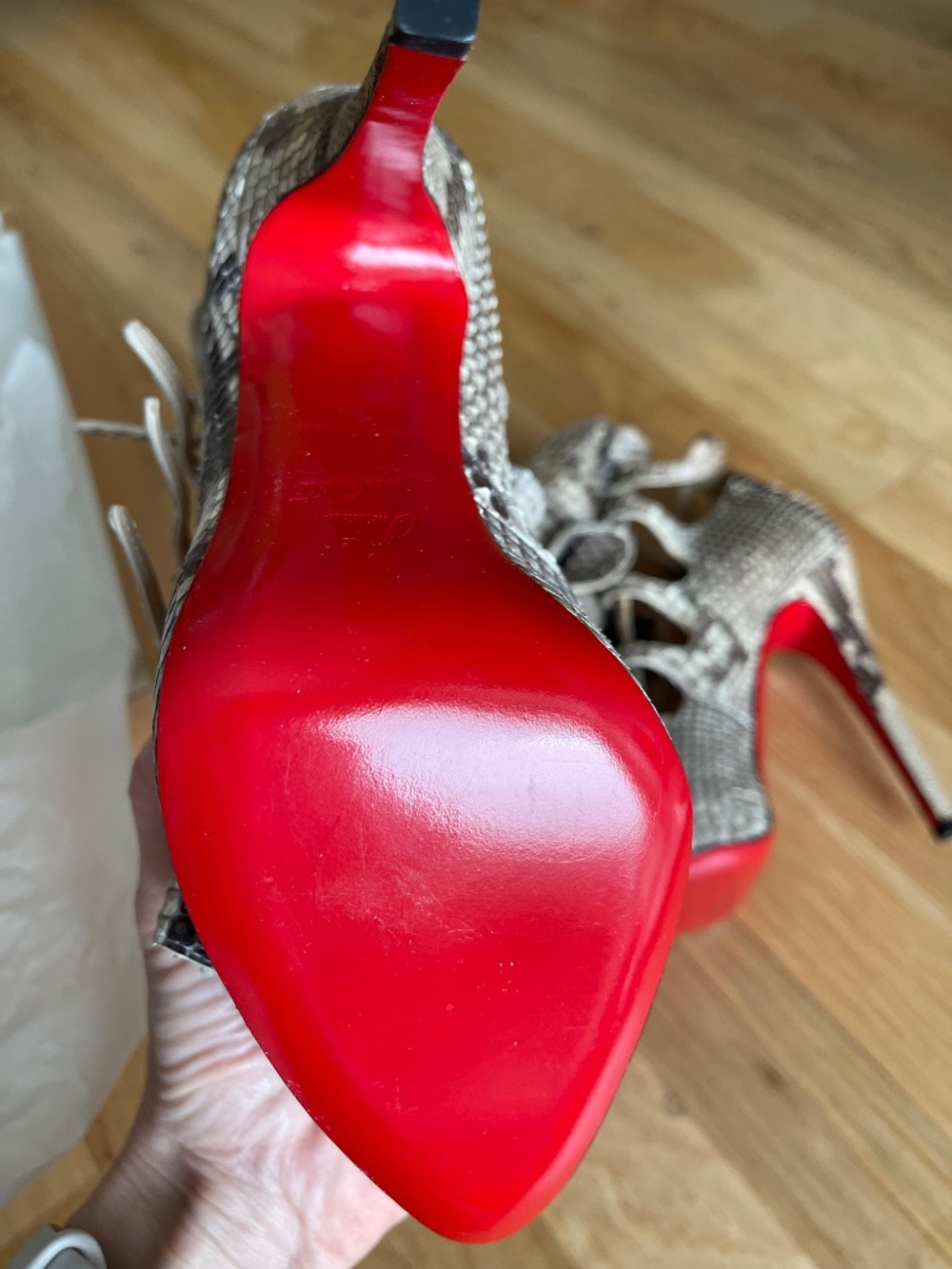 Christian Louboutin Snake-Print Ruffle Ankle Heels in Beige and Brown - Picture 11 of 14